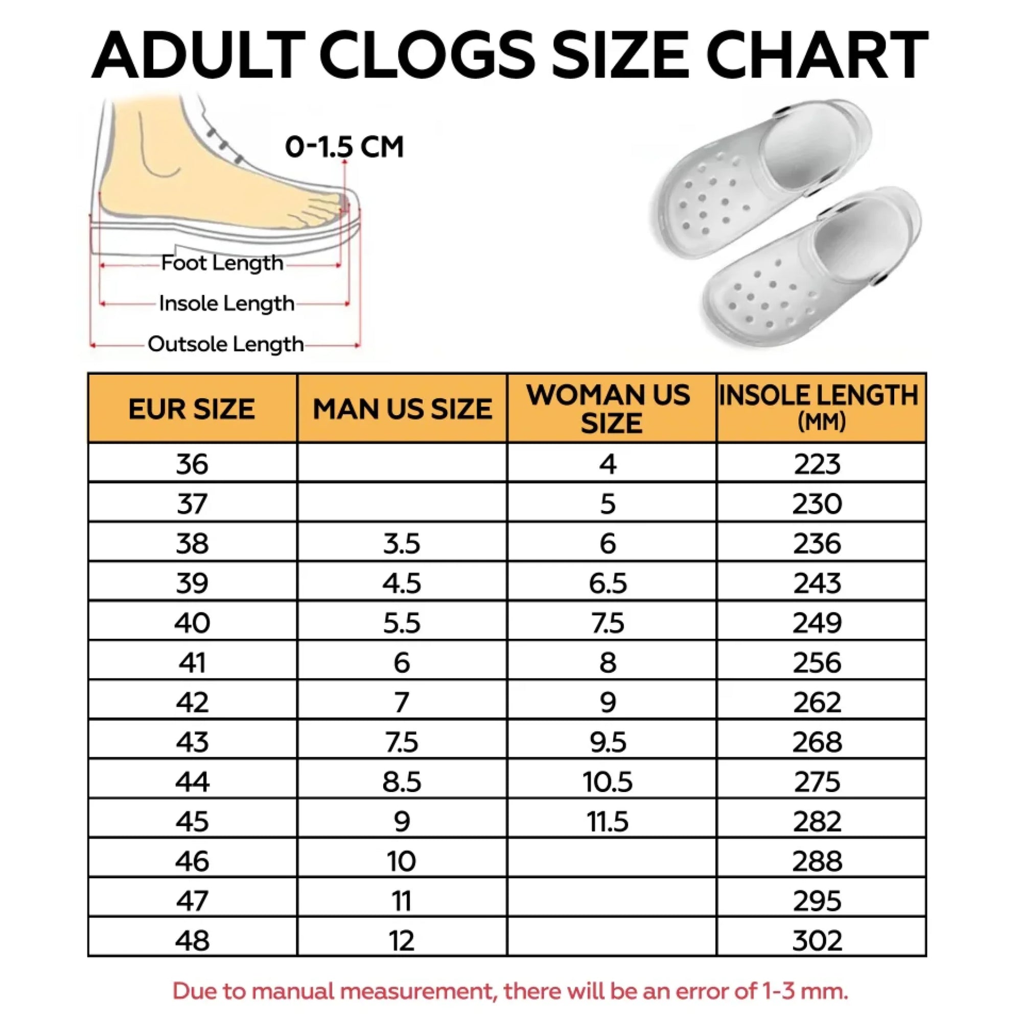 Adult Clogs Size Chart